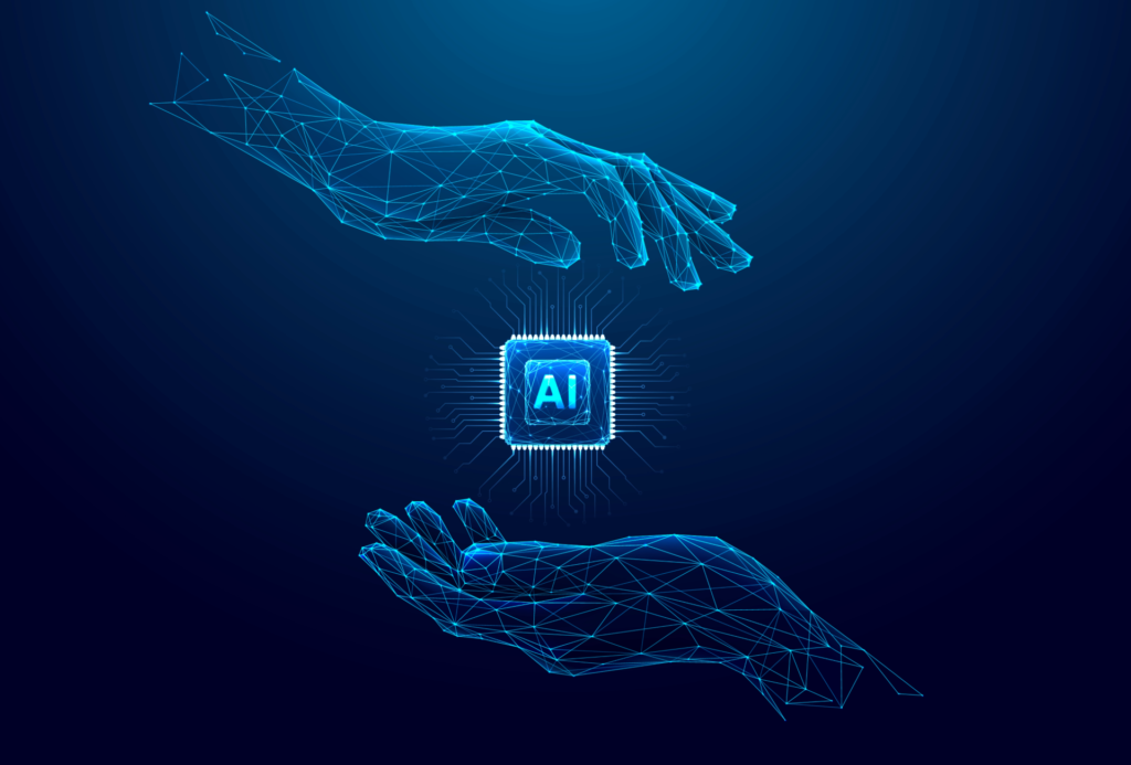a graphic showing two hands around a microchip